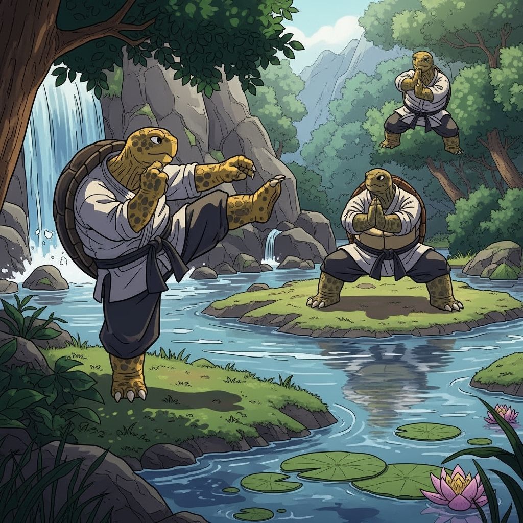 Humanoid Tortoises Practicing Martial Arts in Studio Trigger...