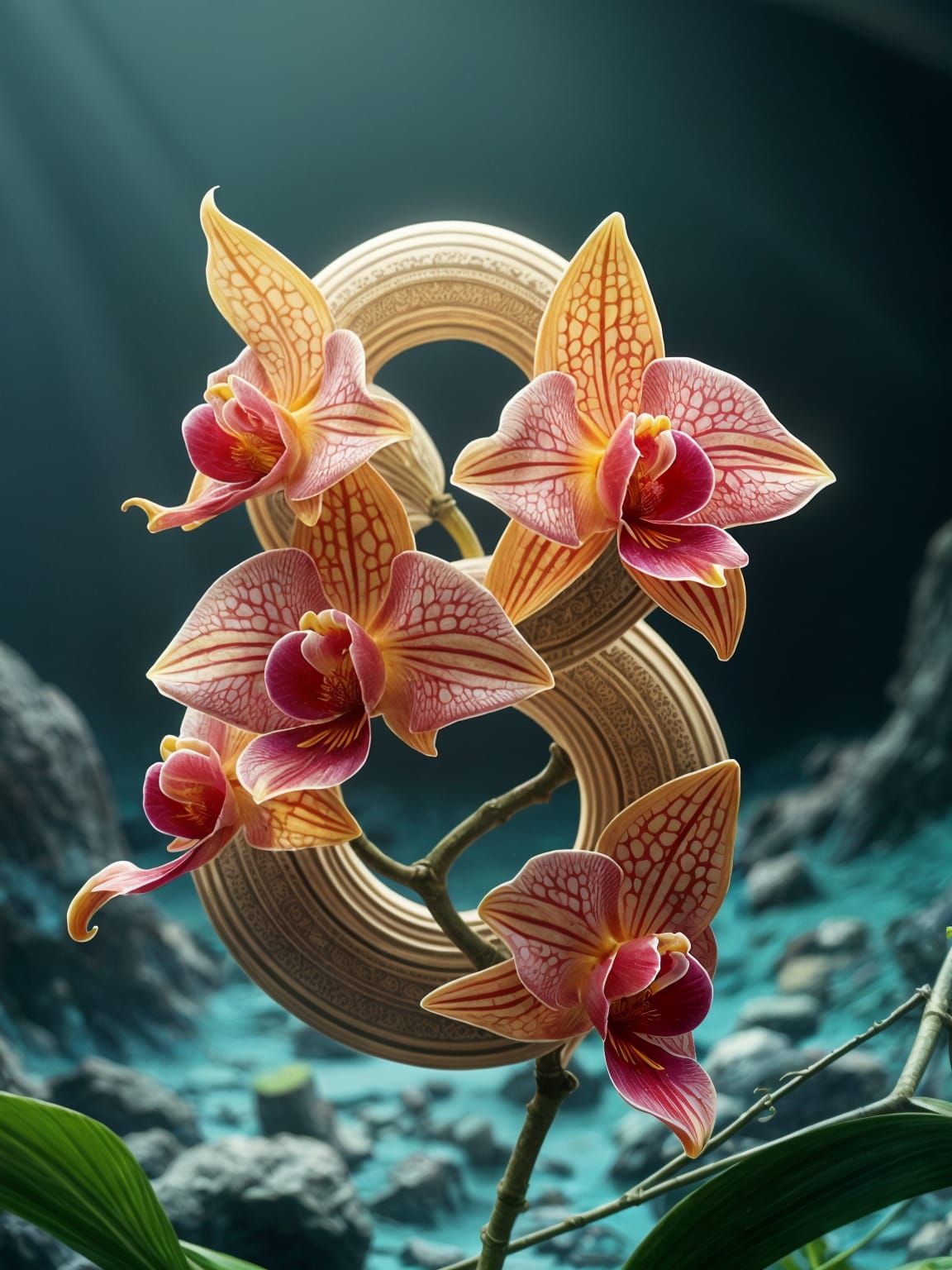 Ethereal Octagon Orchid Blooms in Uncharted Alien Landscape