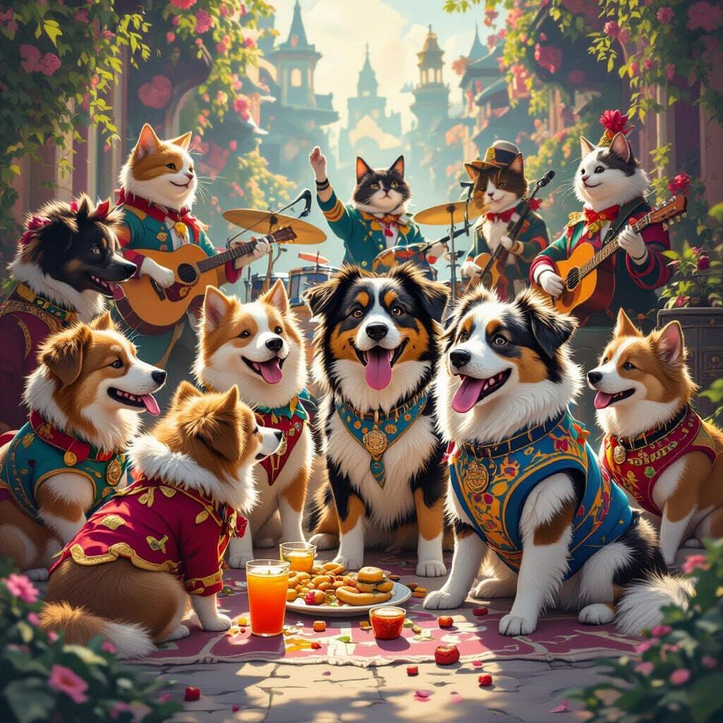 Dogs' Costume Party: A Fantastical Matte Painting