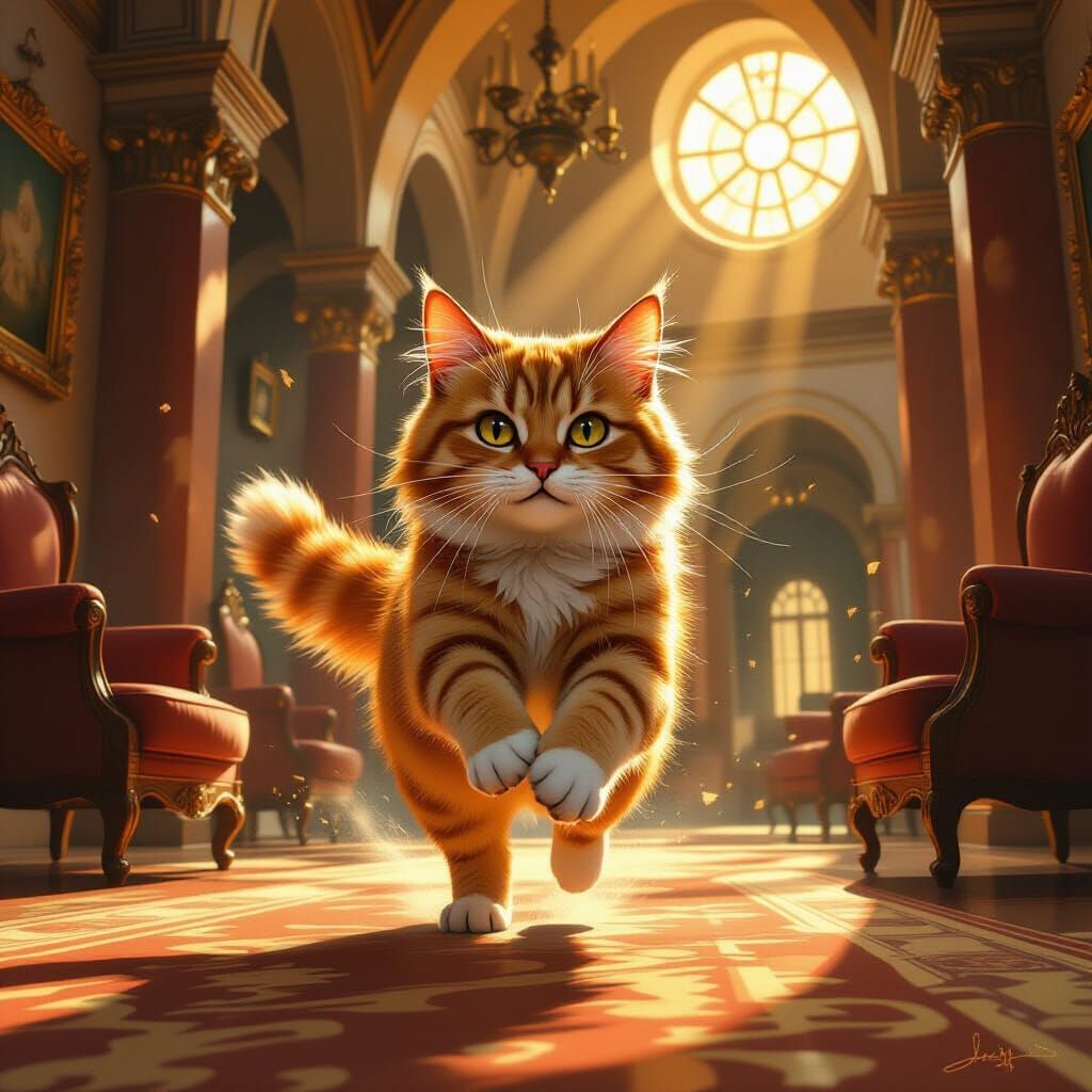 Orange Cat Mid-Pounce in Grand Tunisian House