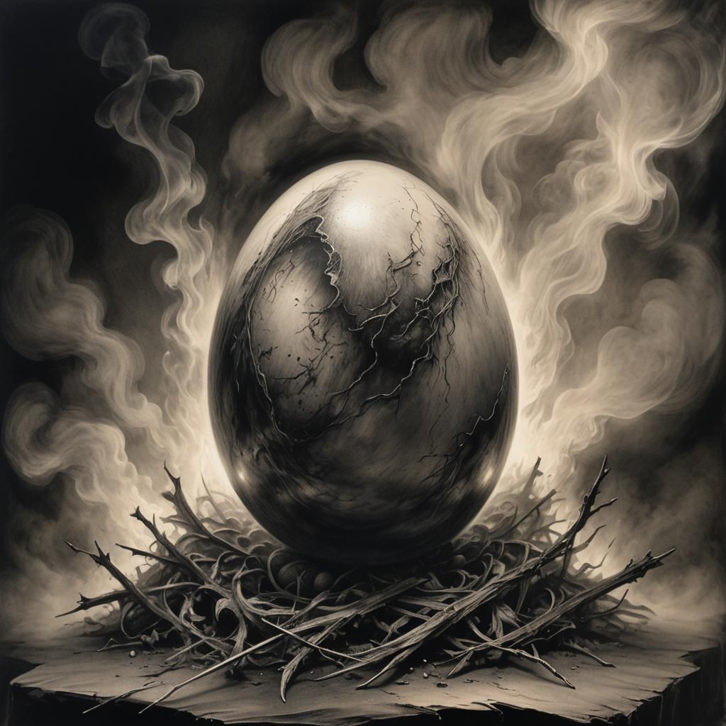 Eerie Necromancer Remains in Egg, Charcoal Drawing