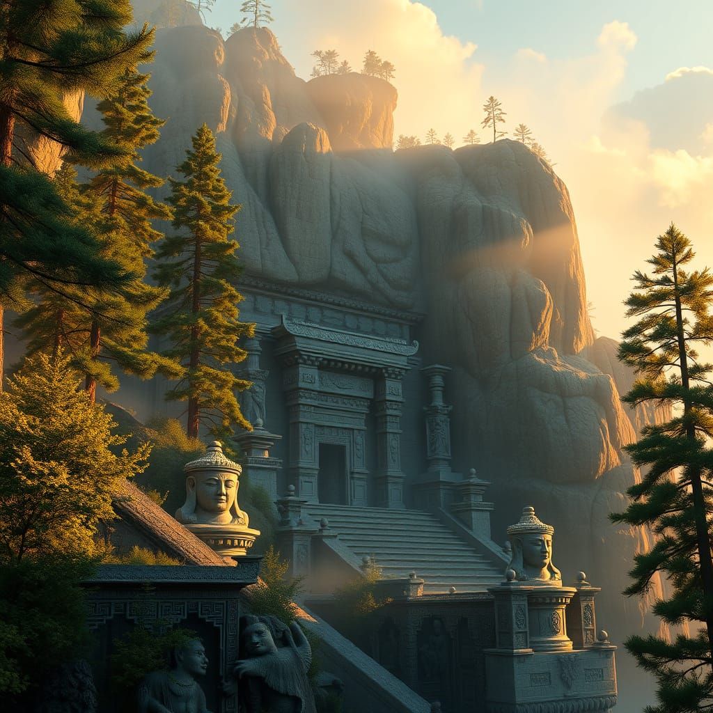 Majestic Cliffside Temple in Golden Light