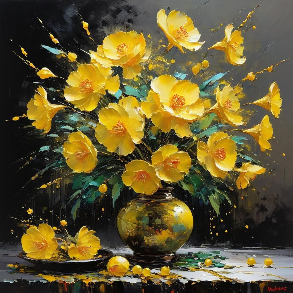 Bright Yellow Flowers in Ikebana Style as Impasto Painting