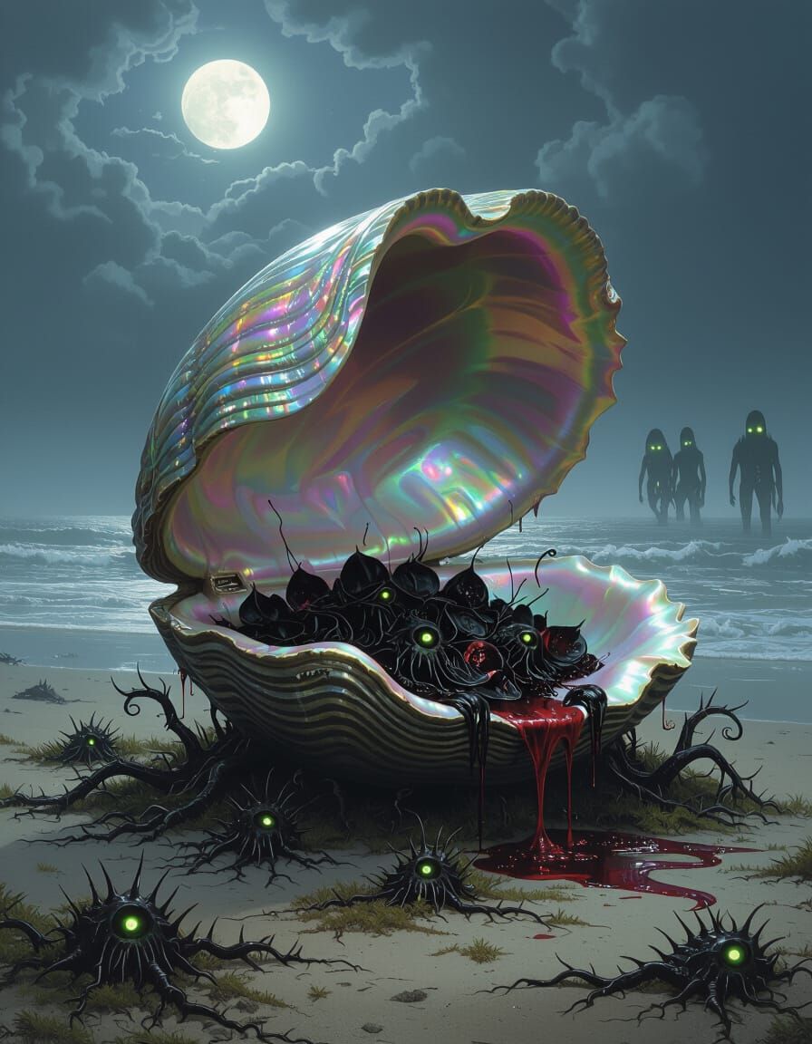 Surreal Seashell Nightmare on a Foggy Beach