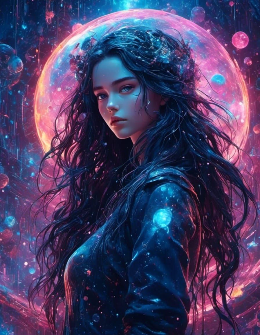 Cosmic Cyberpunk Artist Girl with Blue Eyes