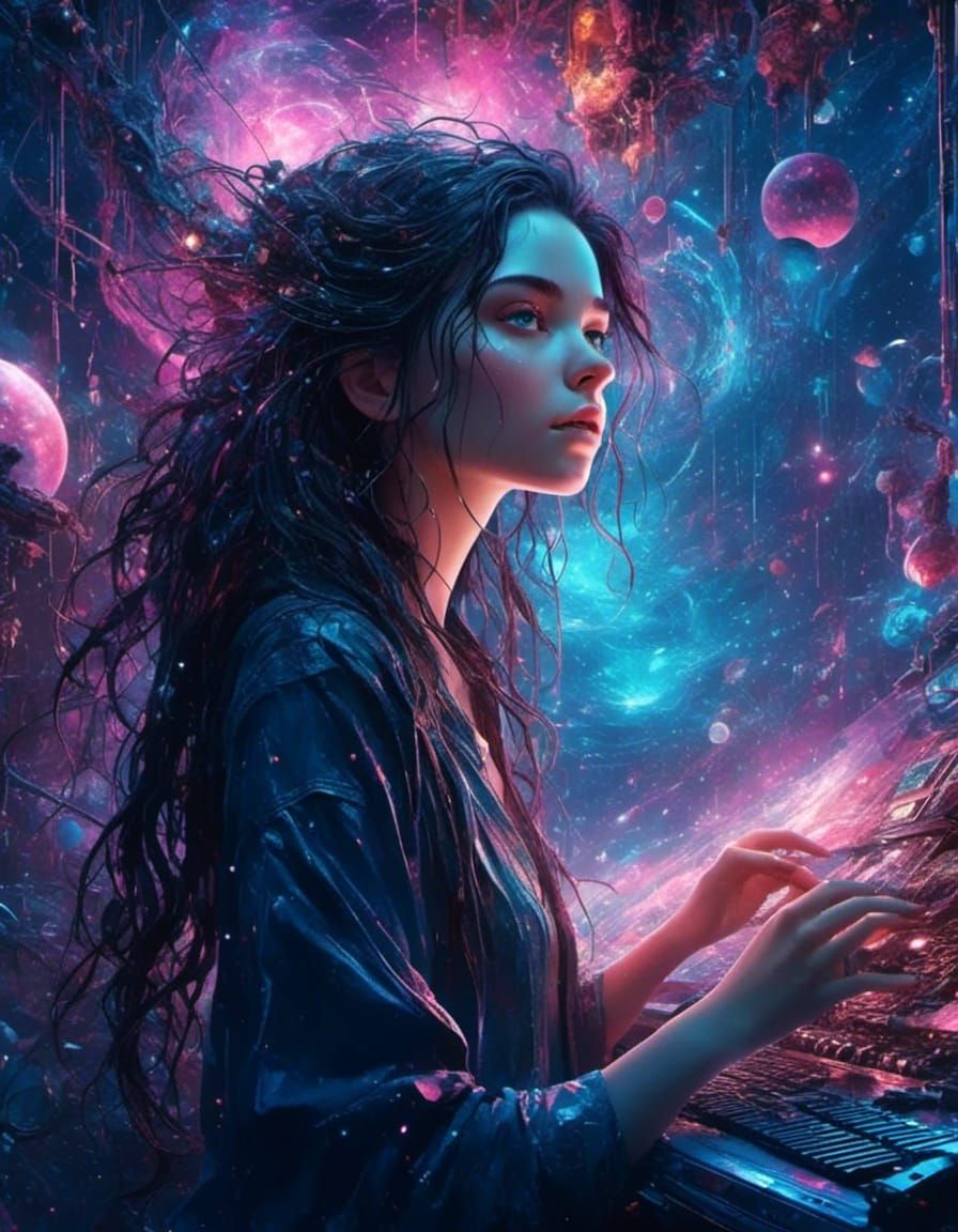 Cosmic Cyberpunk Artist Girl in Dreamy Darkness