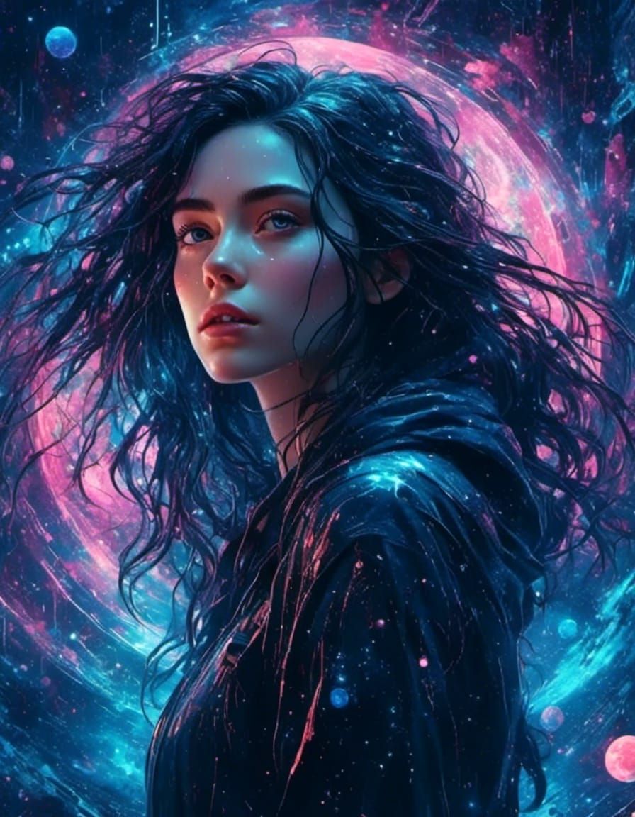 Cosmic Cyberpunk Artist in Dreamy Darkness