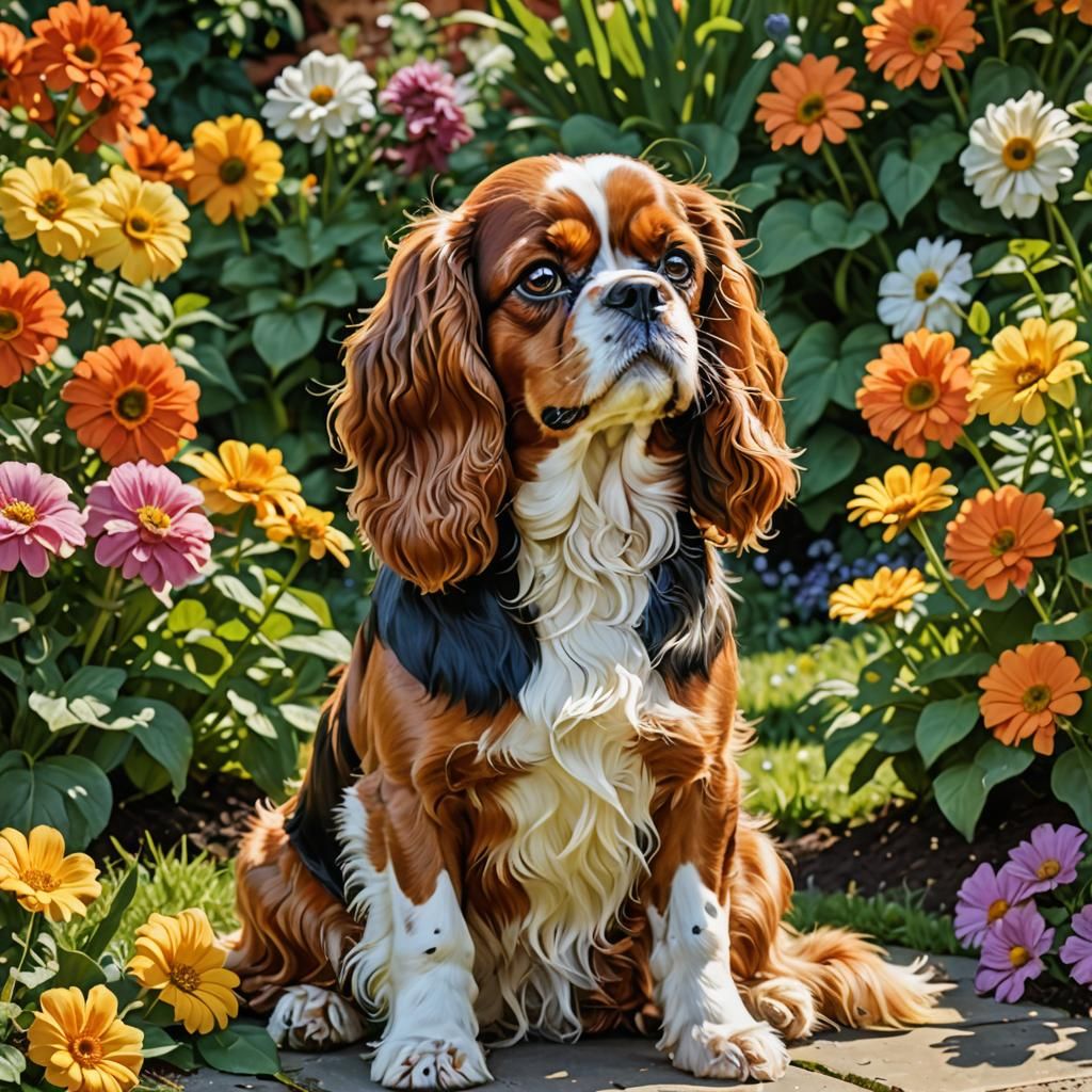 Cavalier King Charles Spaniel in Garden, Oil Painting