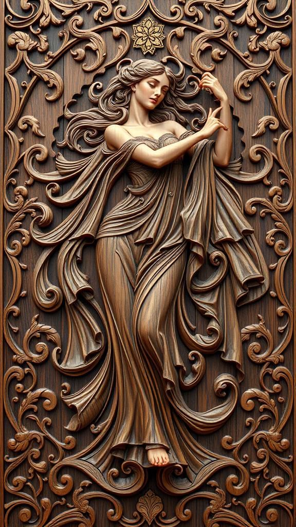 Art Nouveau Wood Carving of Dancing Lady