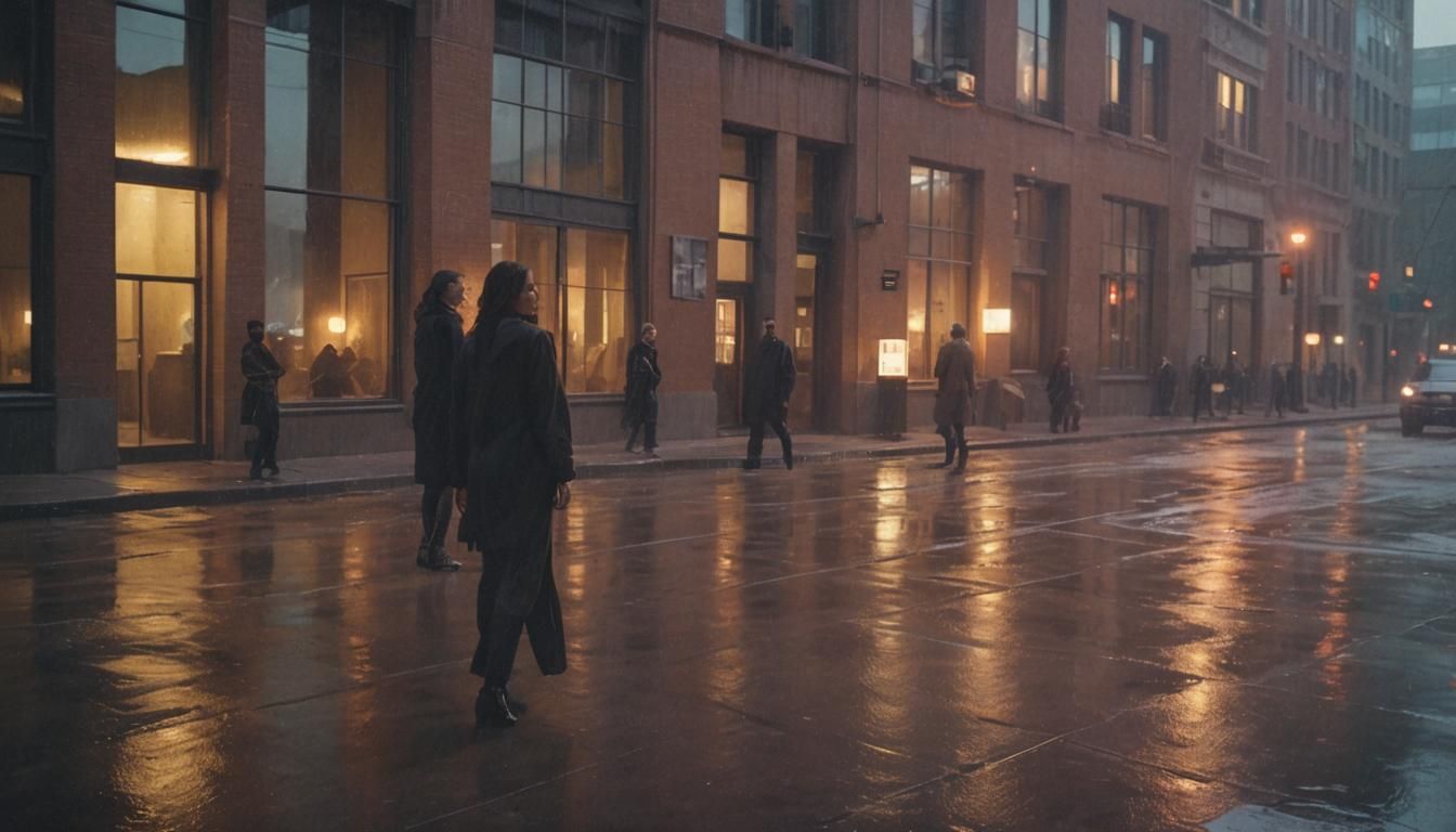 Ghostly Portraits in Cityscape at Dusk: Oil Painting