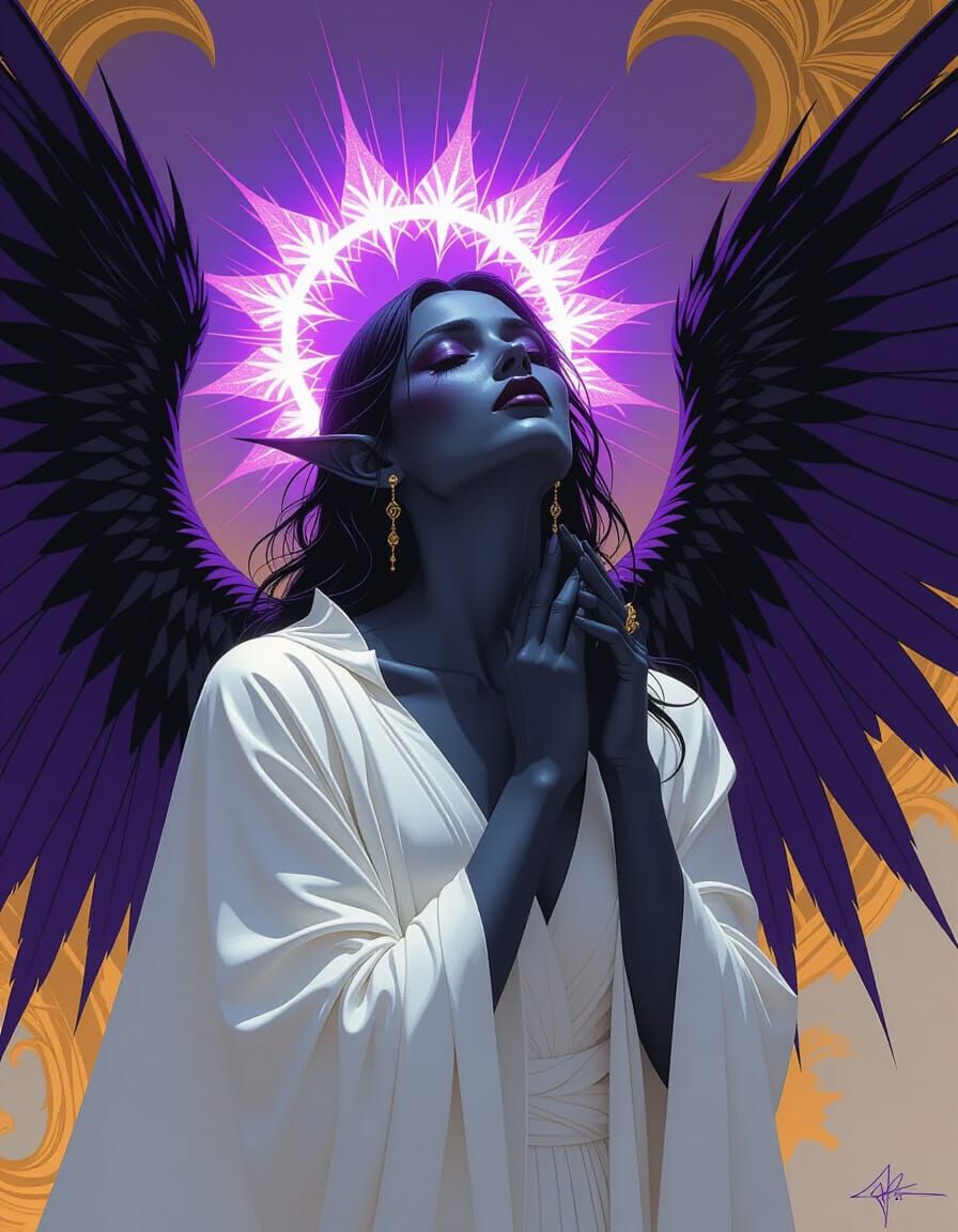 Gothic Demon Angel with Moth Wings and Violet Halo