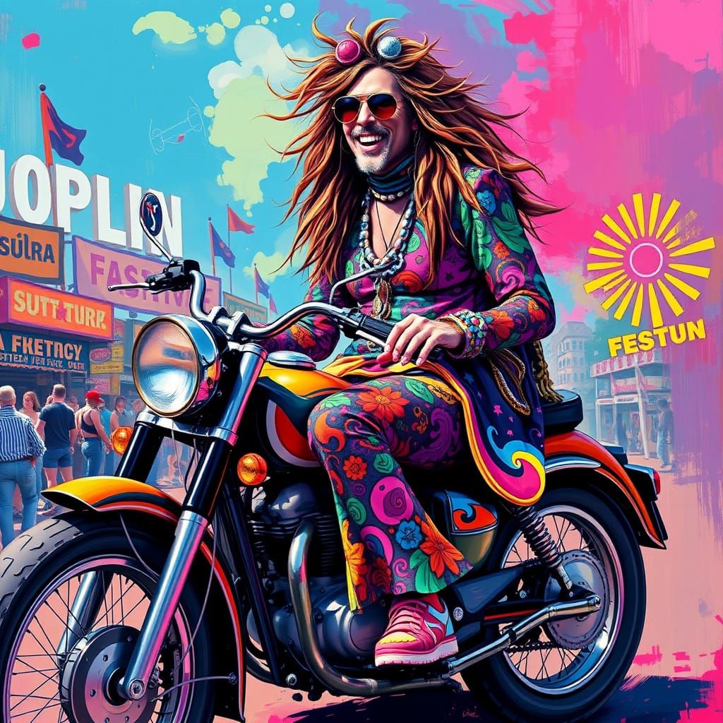 Psychedelic Janis Joplin on Vintage Motorcycle