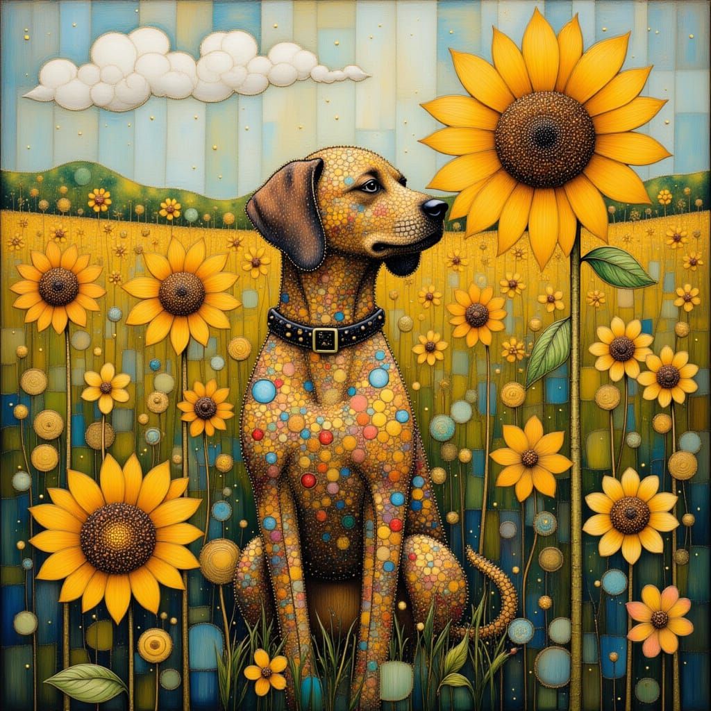 Dachshund Puppy in Sunflower Field, Klimt Style