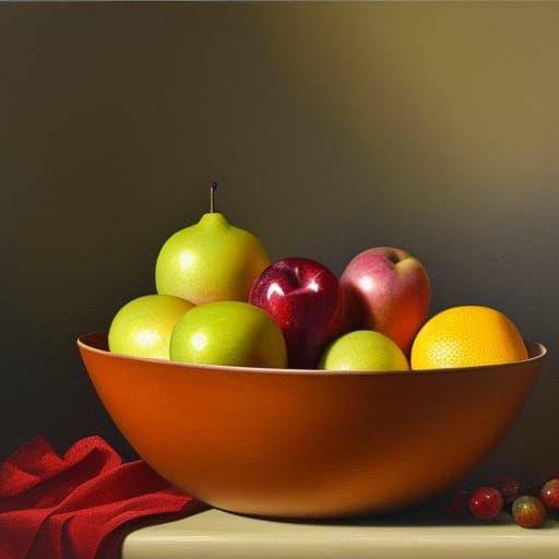 A still life painting of a fruit bowl.