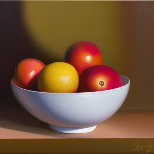 A still life painting of a fruit bowl.