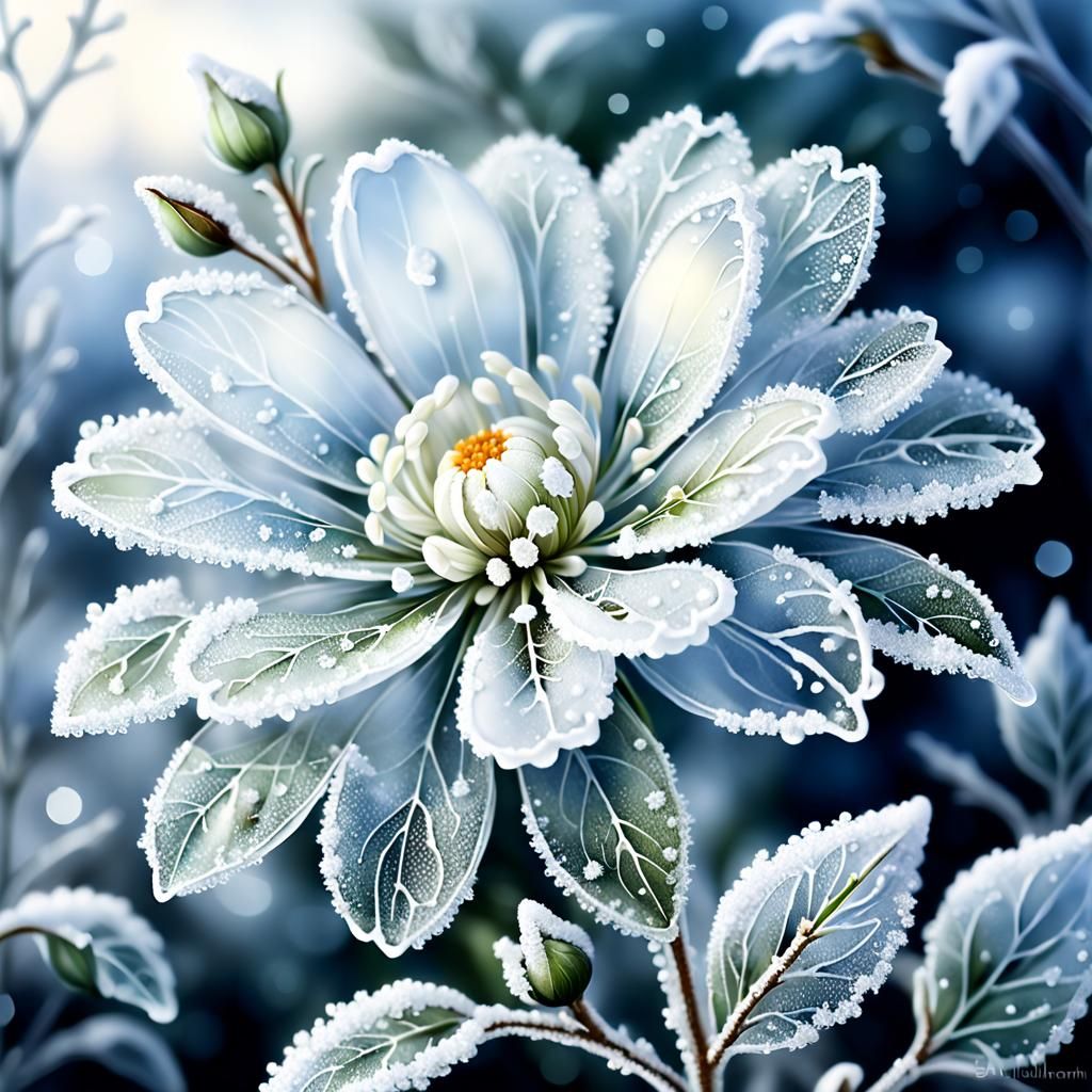 Icy White Flower: Macro Digital Watercolor Art