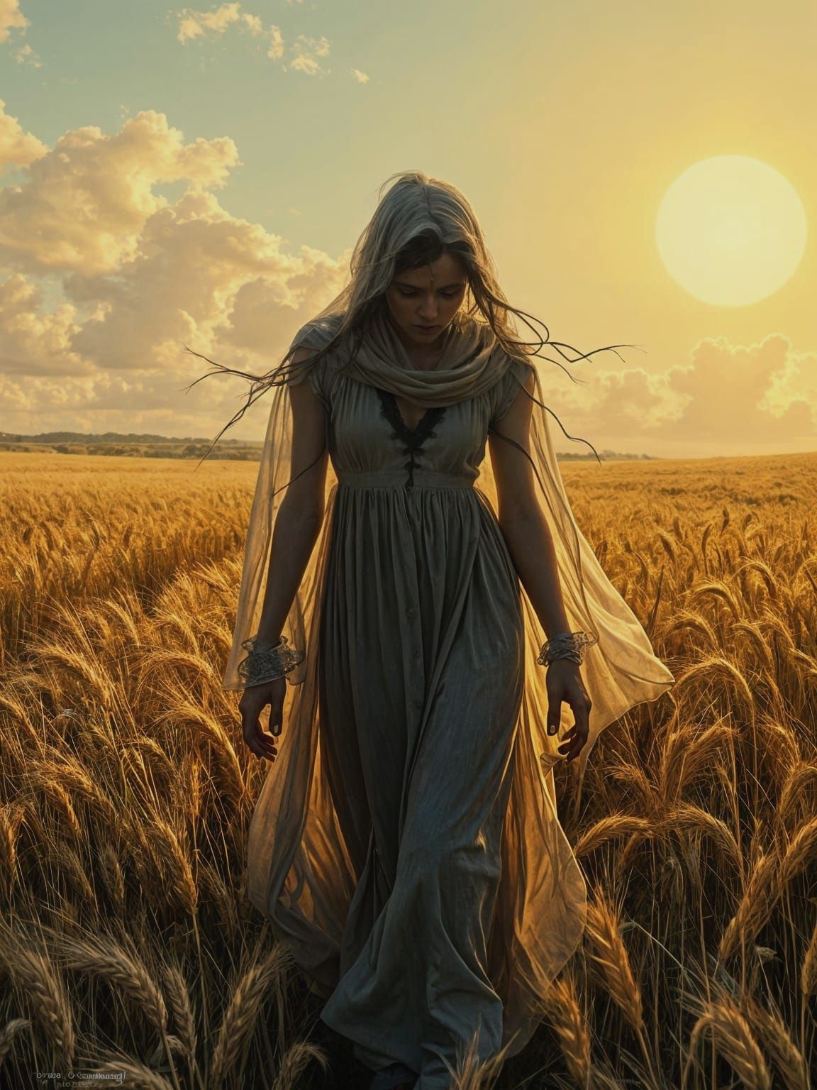 Ghostly Figure in Wheat Field, Vintage Illustration