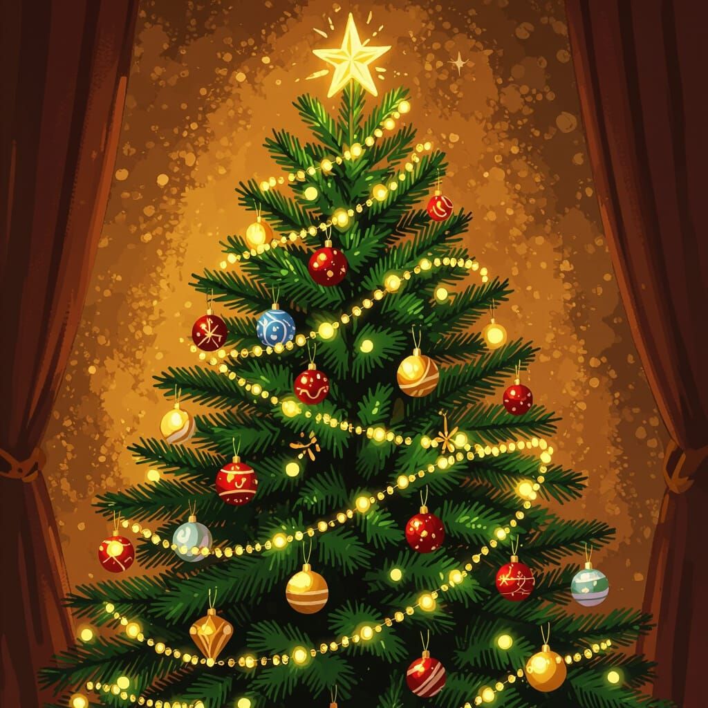 Impressionistic Christmas Tree with Golden Lights