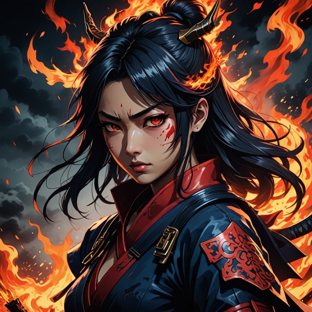 Vibrant Demonic Female Samurai in Swirling Flames