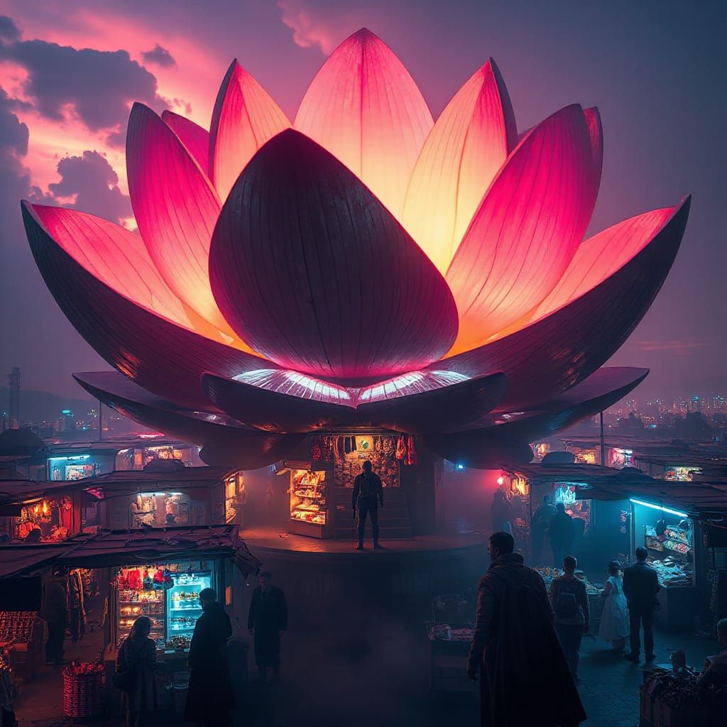 Futuristic Lotus Marketplace with Neon Lights