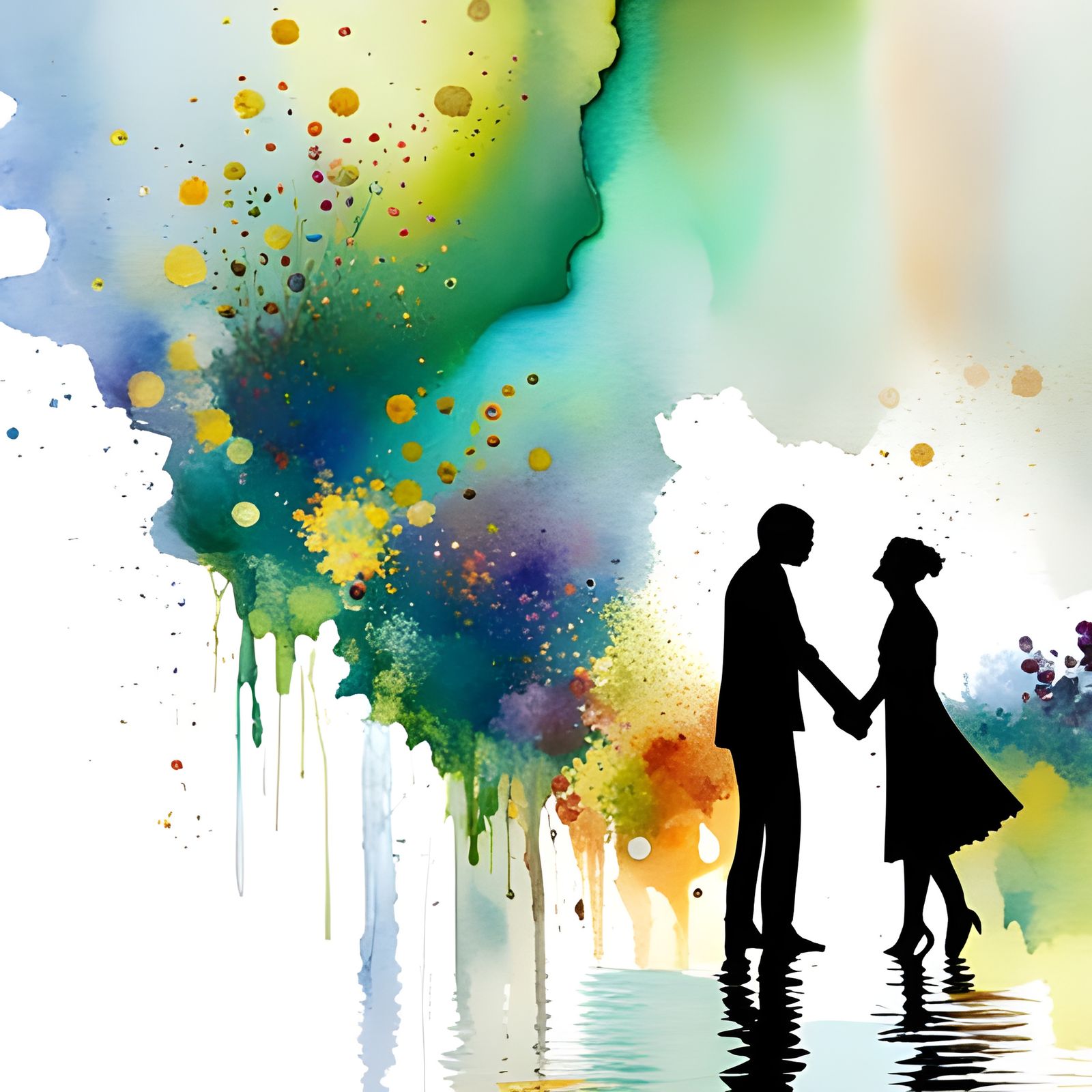 Happy Married Couple in Watercolor with Gold Glitter