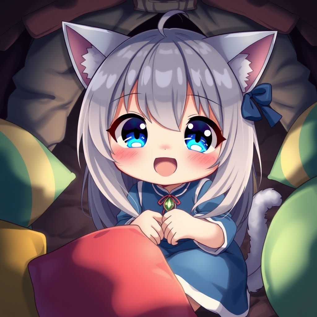 Whimsical Anime Catgirl Hides in Colorful Pillow Fort