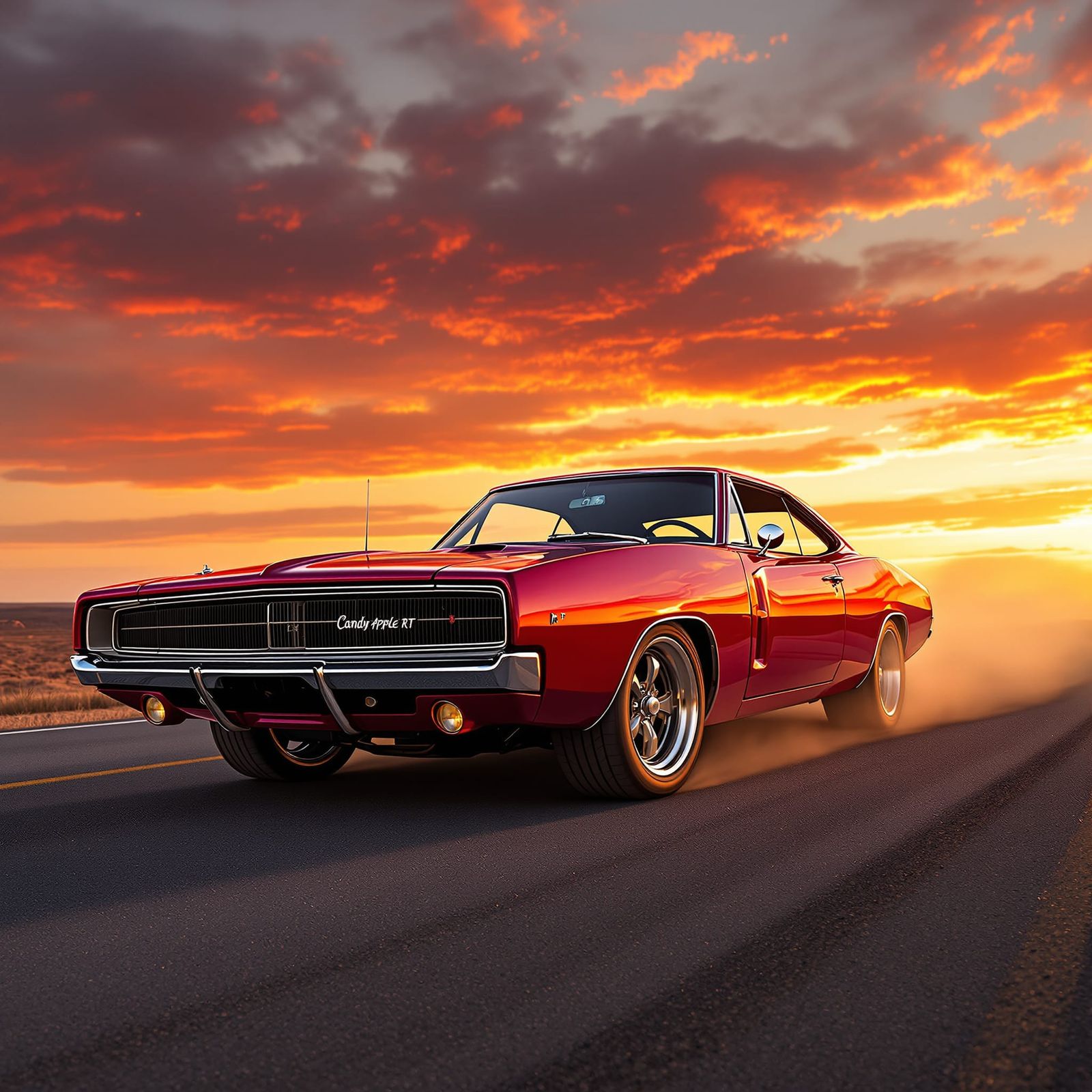 1969 Dodge Charger Red Route 66 Sunset 3D Render