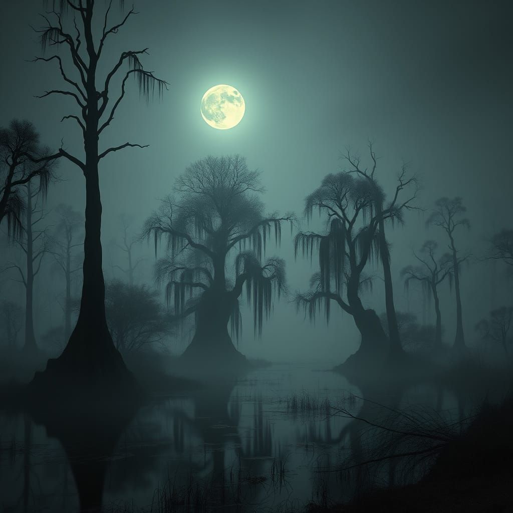 Eerie Moonlit Bayou Scene with Cypress Trees