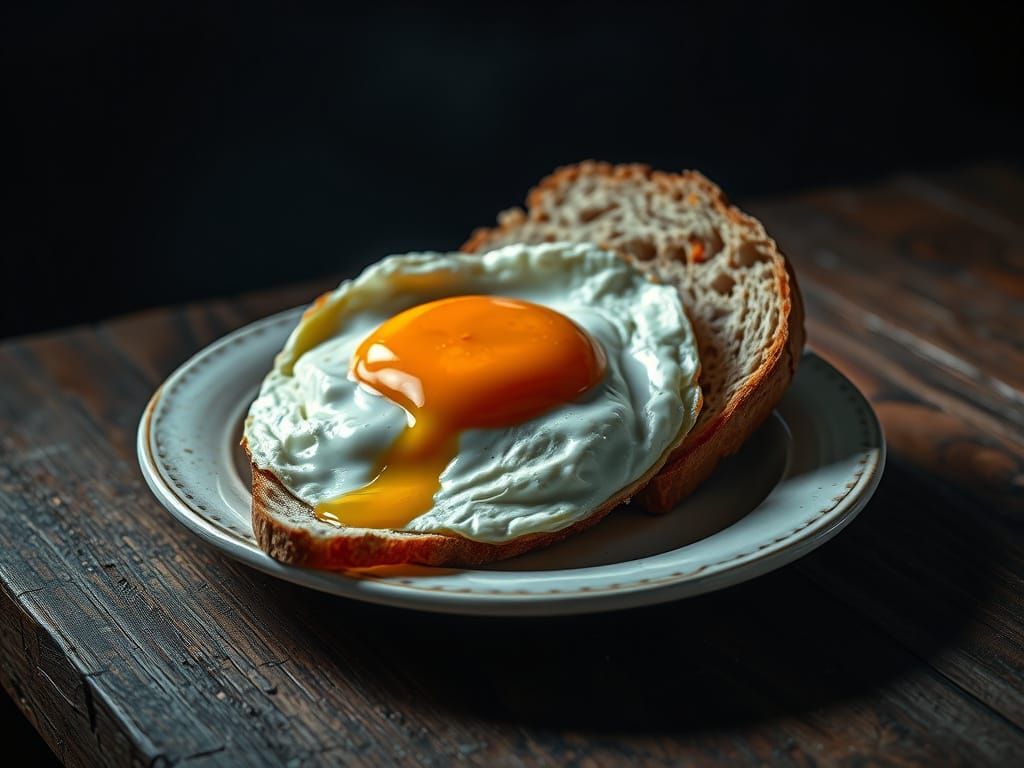Hyperrealistic Fried Egg Still Life with Rye Bread