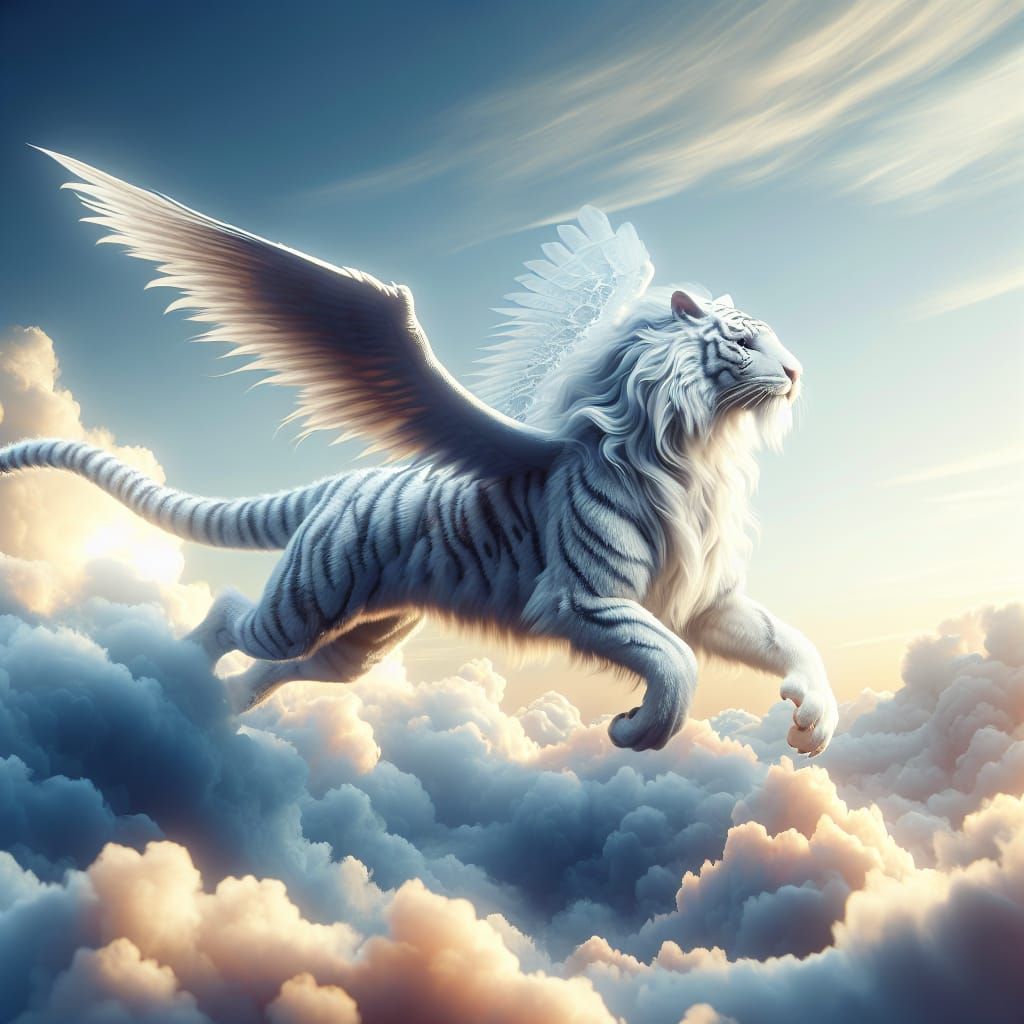 White Tiger-Dragon Hybrid Soaring Through Clouds