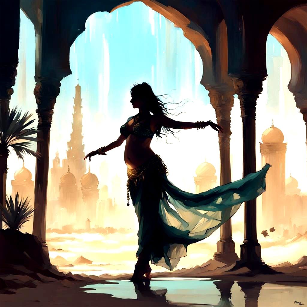 Enchanted Belly Dancer Silhouette in Desert Oasis