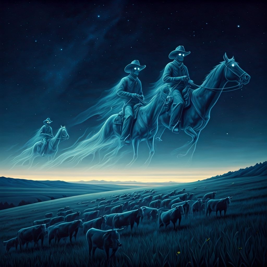 Spectral Cowboys Drive Phantom Herd Across Starry Midwest Sk...