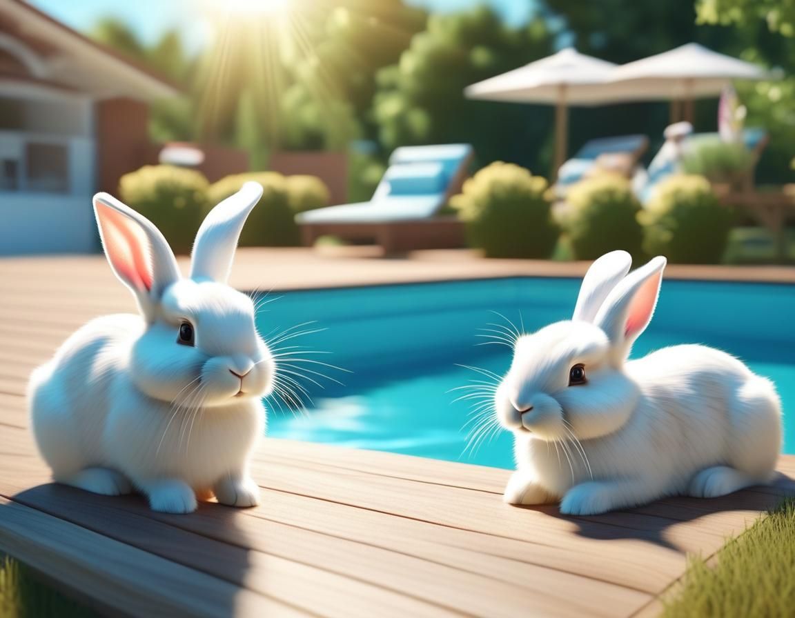 Cute Rabbits Relaxing by a Sunny Pool