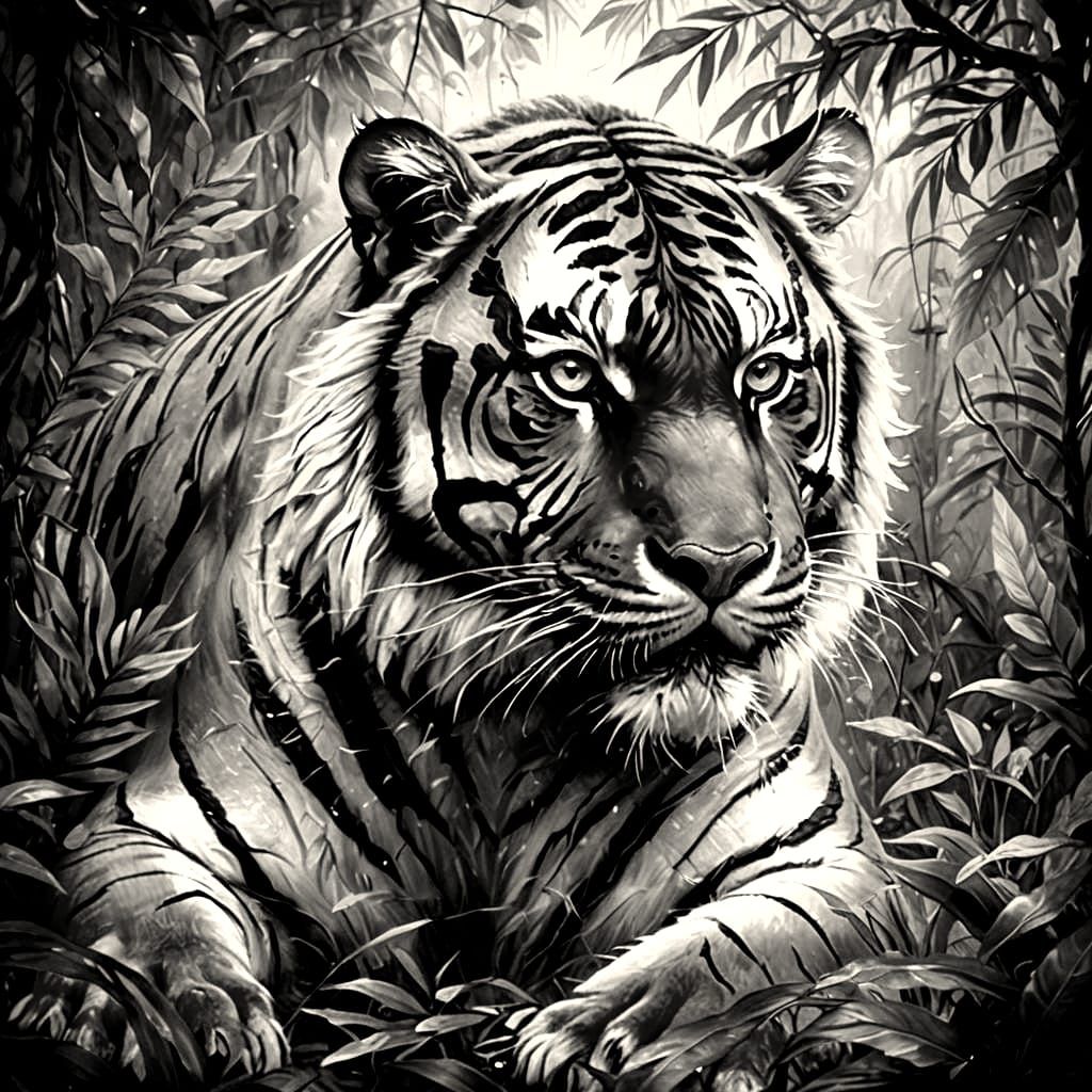 Bioluminescent Tiger in Magical Jungle, Hyperrealistic Style