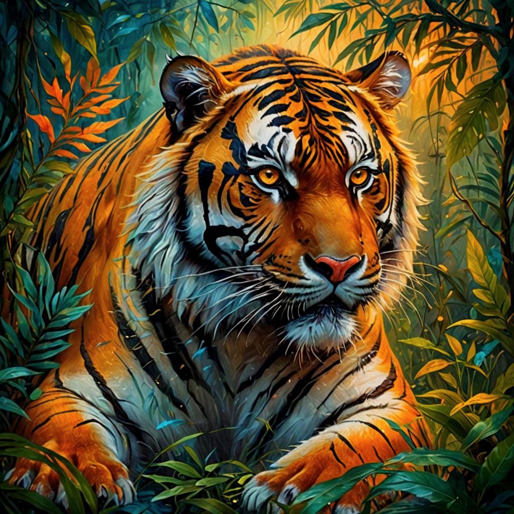 Bioluminescent Tiger in Magical Jungle, Hyperrealistic