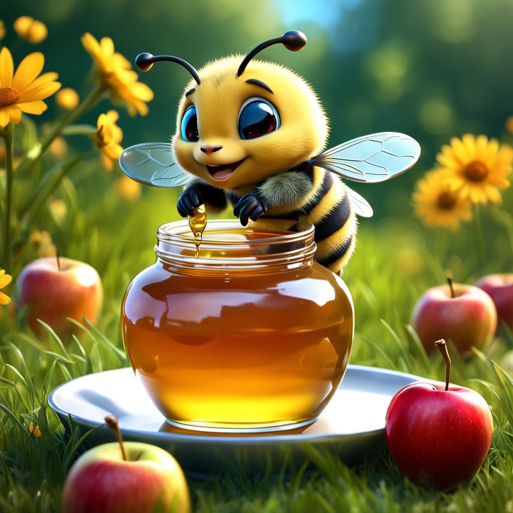 A cute chibi baby bee is eating honey