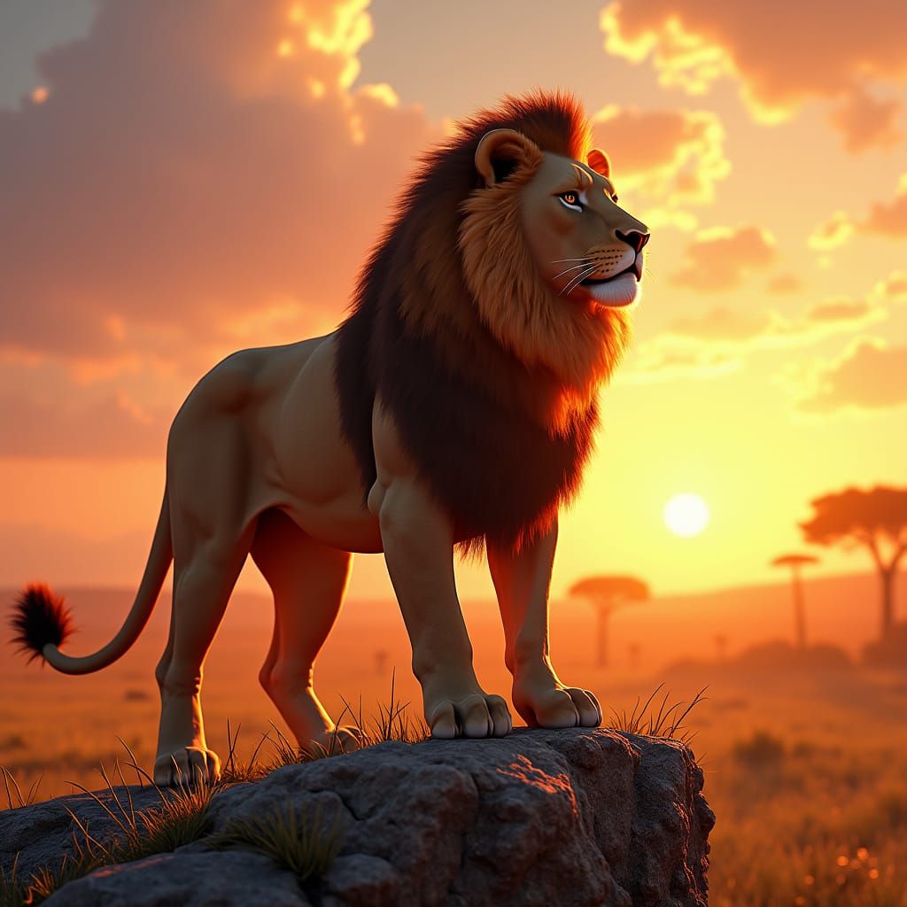 Majestic Lion in African Savannah Sunset