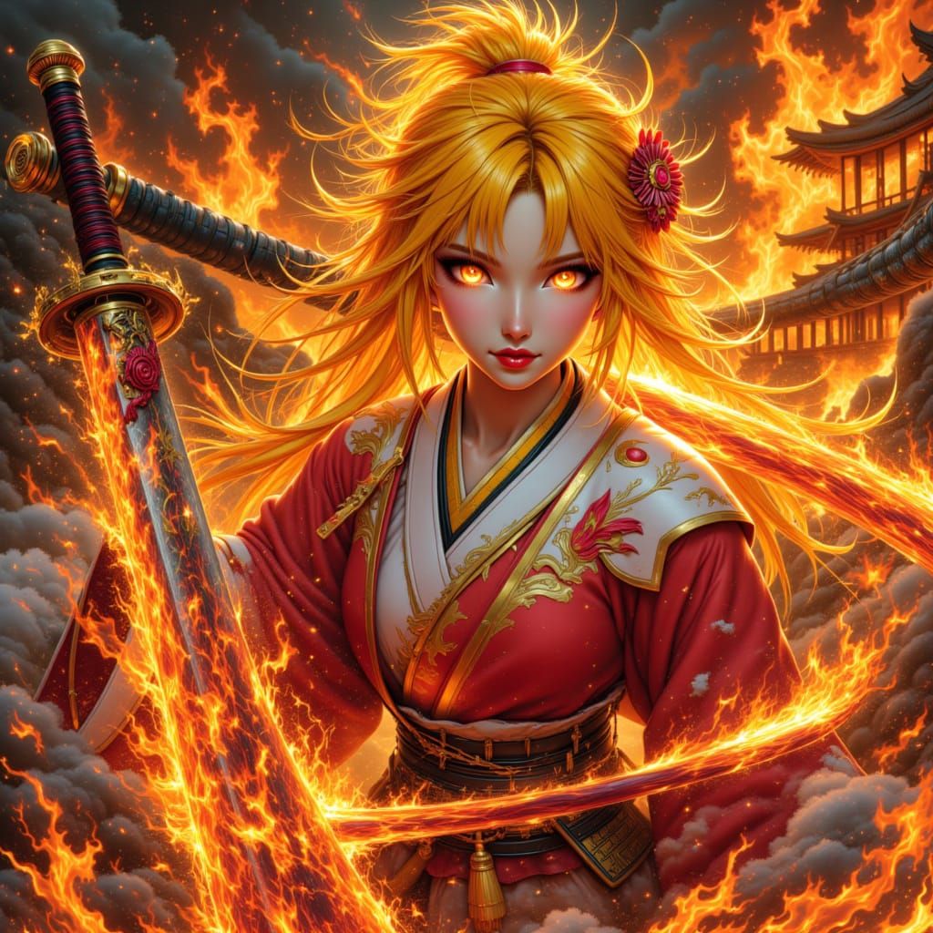 Fiery Ninja Warrior with a Flaming Sword