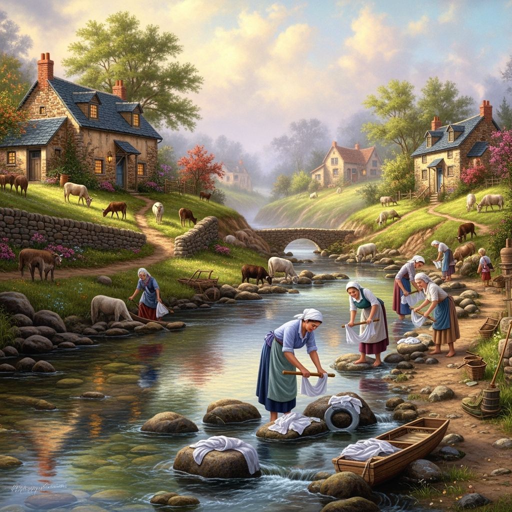 Rural River Scene with Washerwomen in Dreamlike Style