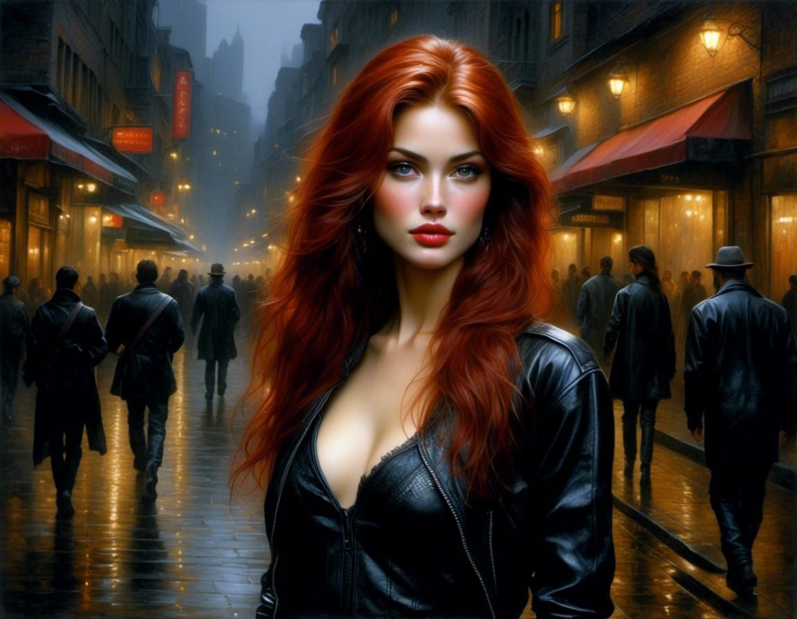 Detailed Portrait of Redhead in City Street by Luis Royo