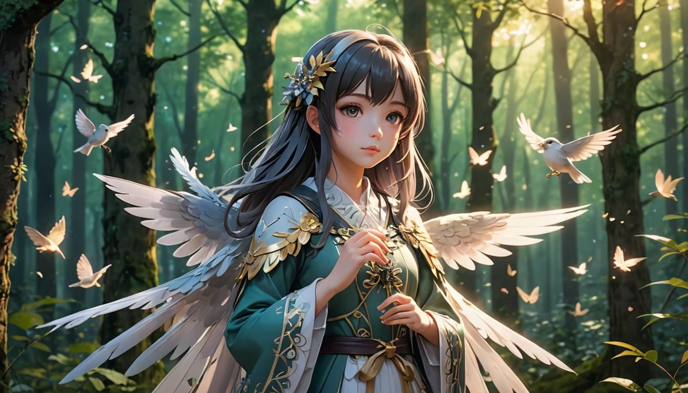 Girl with Songbird in Anime Forest