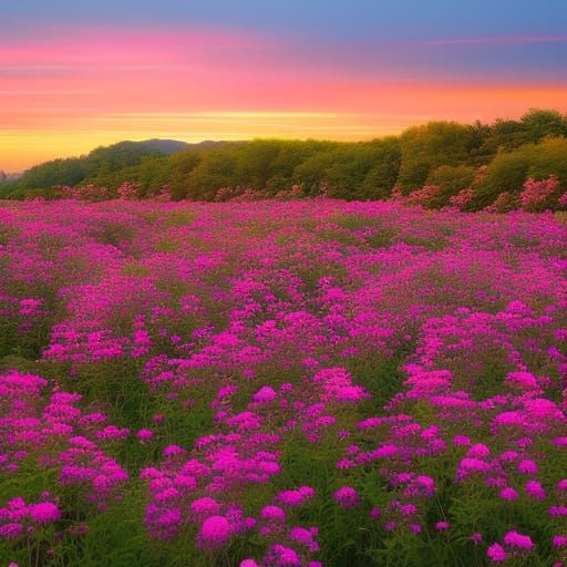 Pink Flower Park at Sunset: A Fantasy World