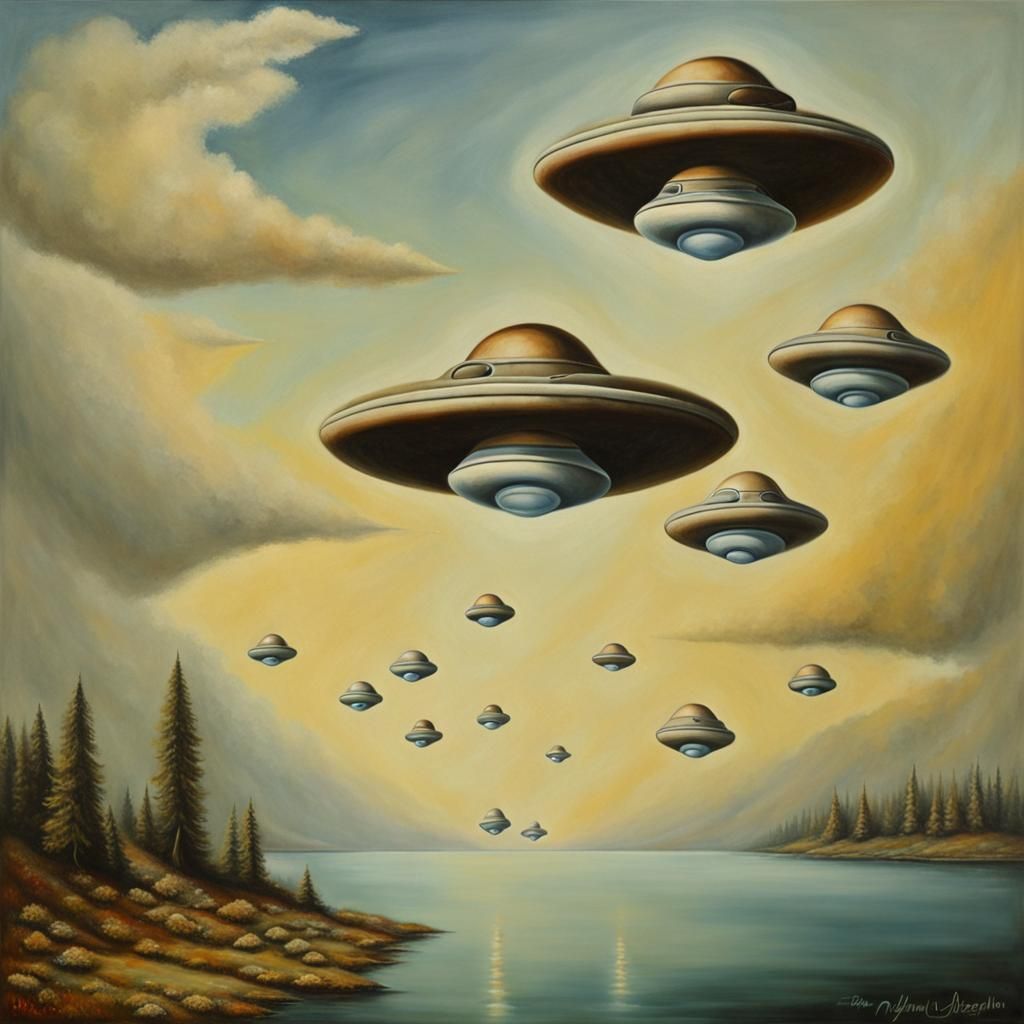 Surreal Painting of Flying Saucers in Dreamscape
