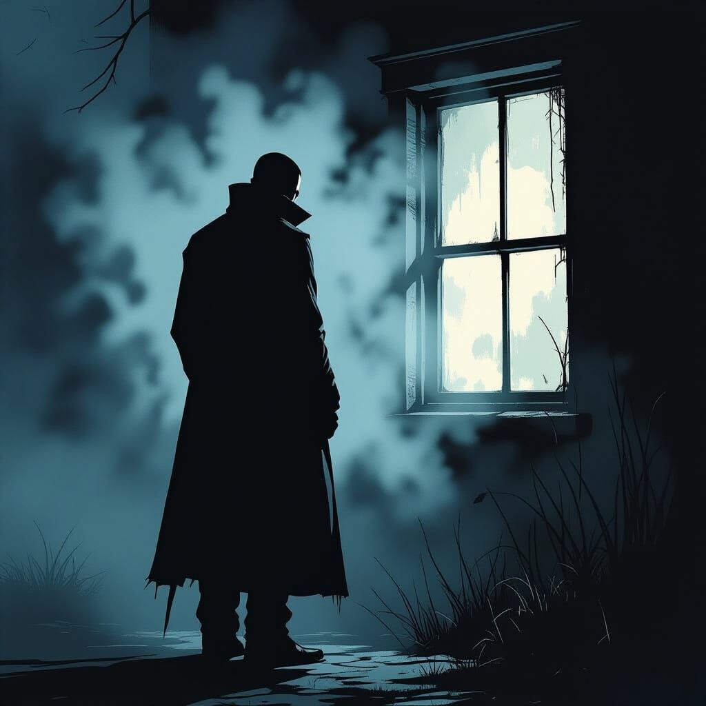 Ominous Figure in Window: Cinematic Horror Scene