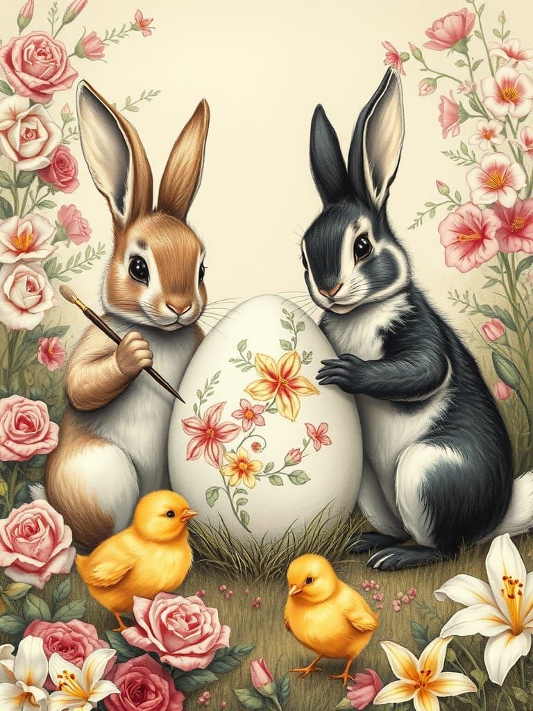 Easter Bunnies Painting Eggs in Charcoal Style