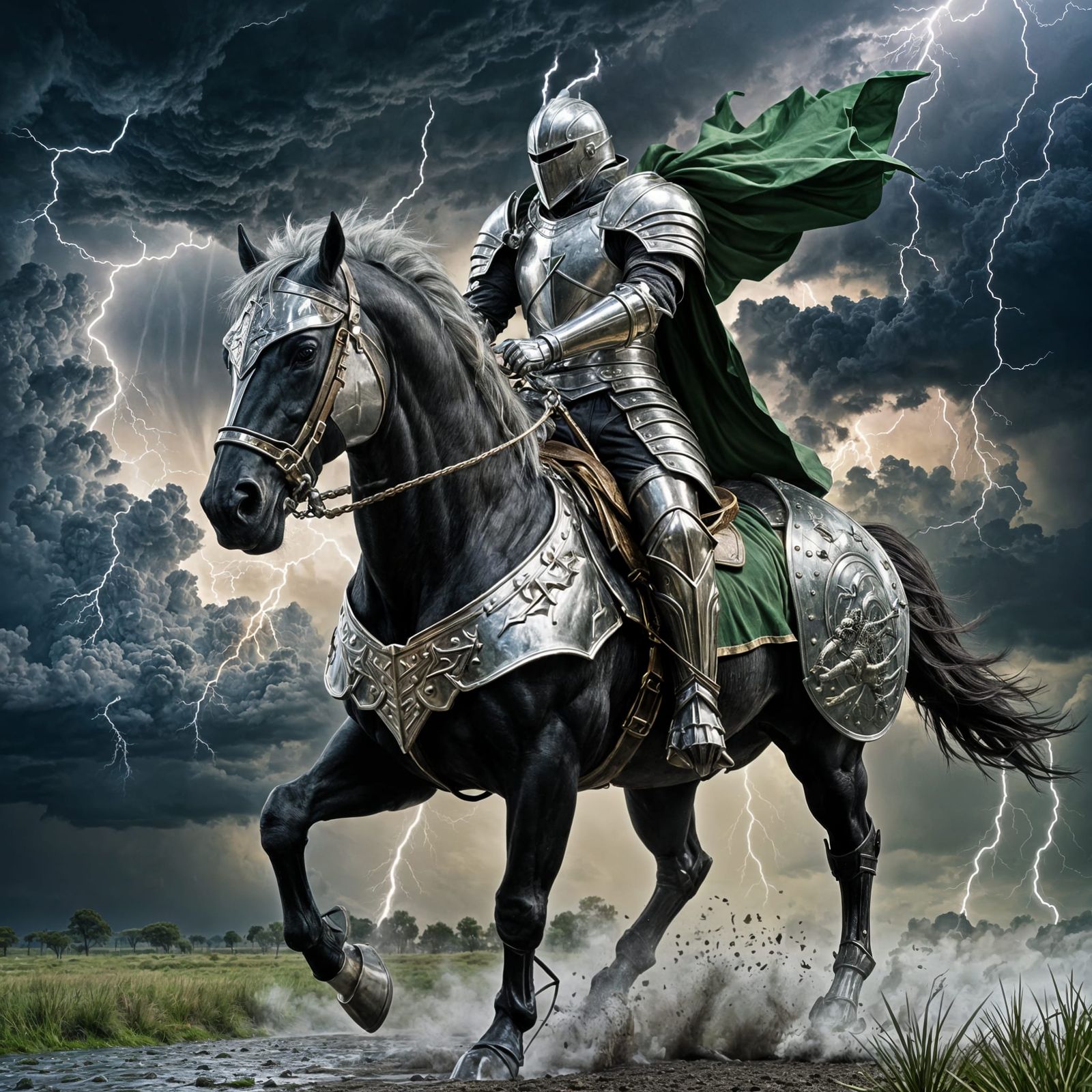 Fantasy Knight Rides Under Lightning Storm
