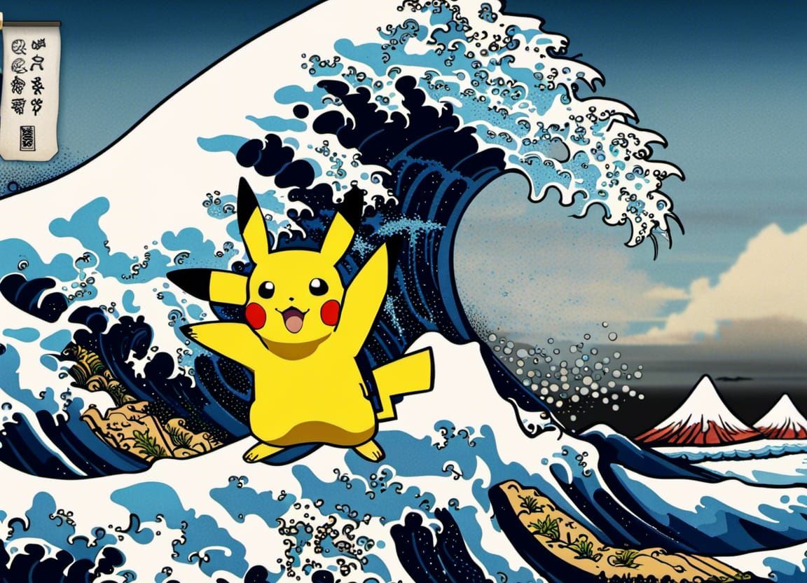 Pikachu Surfing The Great Wave: Ukiyo-e Style