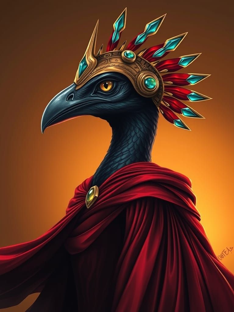 Elegant Bird Creature in Crimson Gown