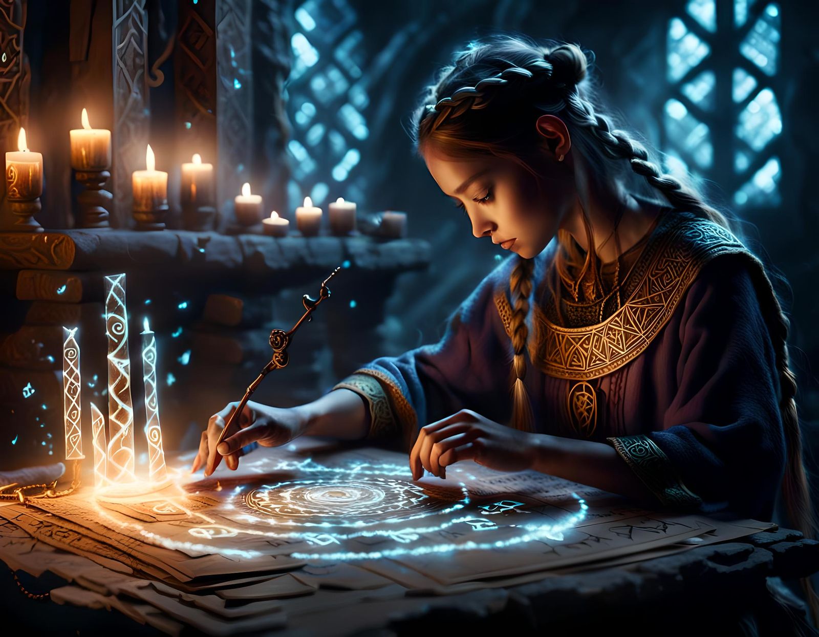 Magical Runes Weaving Around a Girl in Fantasy Style