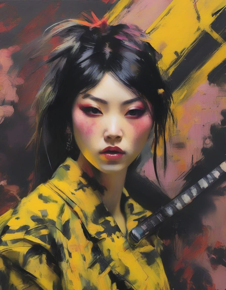 Gothic Punk Rebel Woman Wields Katana in Vibrant Anime Style